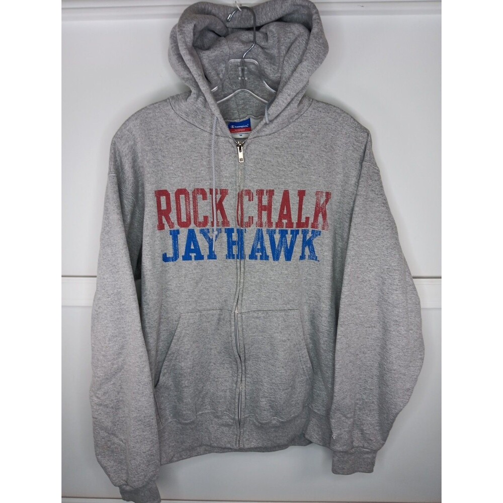 Kansas Jayhawks Champion Full Zip Hoodie Medium Gray Kangaroo Pocket Distressed